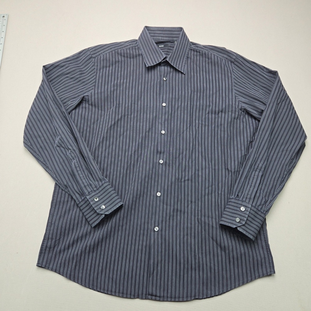Hugo Boss Dress Shirt Pinstripe Button Front Grey Black Mens 17 43